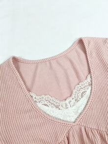 Lalippa Women's Y2k Lace Trim Rib Knit Long Sleeve Babydoll Top,Casual Contrast Color V-Neck 2 In 1, Ideal For Autumn And Winter - Multicolor - View 3