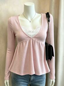 Lalippa Women's Y2k Lace Trim Rib Knit Long Sleeve Babydoll Top,Casual Contrast Color V-Neck 2 In 1, Ideal For Autumn And Winter - Multicolor - View 1