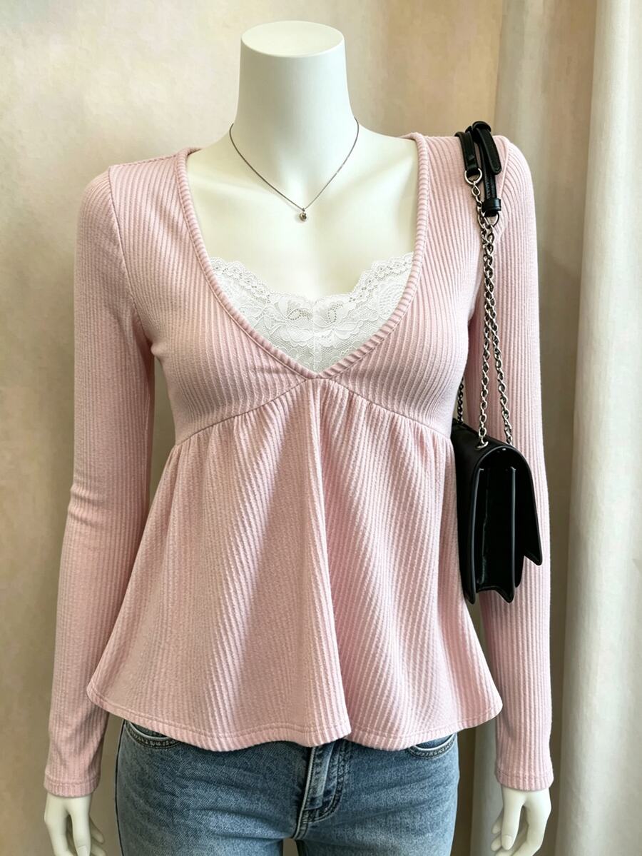 Lalippa Women's Y2k Lace Trim Rib Knit Long Sleeve Babydoll Top,Casual Contrast Color V-Neck 2 In 1, Ideal For Autumn And Winter - Multicolor - View 1