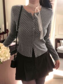 DAZY Women's Grey Polka Dot Round Neck Lace Trim Button Fitted Long Sleeve Sweet Knitted T-Shirt - Grey - View 6
