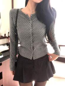 DAZY Women's Grey Polka Dot Round Neck Lace Trim Button Fitted Long Sleeve Sweet Knitted T-Shirt - Grey - View 2
