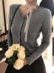 DAZY Women's Grey Polka Dot Round Neck Lace Trim Button Fitted Long Sleeve Sweet Knitted T-Shirt - Grey - View 4