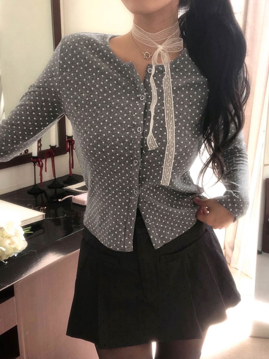 DAZY Women's Grey Polka Dot Round Neck Lace Trim Button Fitted Long Sleeve Sweet Knitted T-Shirt - Grey - View 1