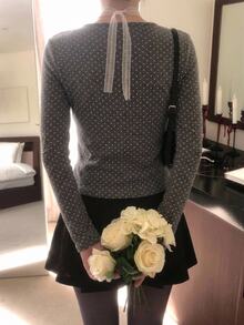 DAZY Women's Grey Polka Dot Round Neck Lace Trim Button Fitted Long Sleeve Sweet Knitted T-Shirt - Grey - View 5
