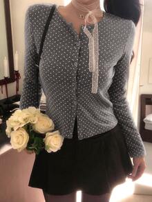 DAZY Women's Grey Polka Dot Round Neck Lace Trim Button Fitted Long Sleeve Sweet Knitted T-Shirt - Grey - View 7