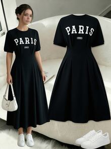 SHEIN Teen Girls Ruched Casual Urban Korean Style Waist Cinched Knit Letter Print American Mini Dress Outings, For Teen Girls, Outfits - Black - View 2