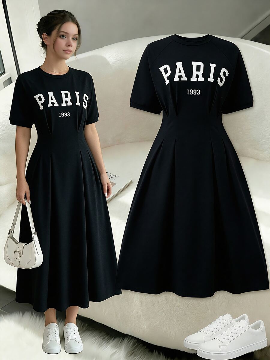 SHEIN Teen Girls Ruched Casual Urban Korean Style Waist Cinched Knit Letter Print American Mini Dress Outings, For Teen Girls, Outfits