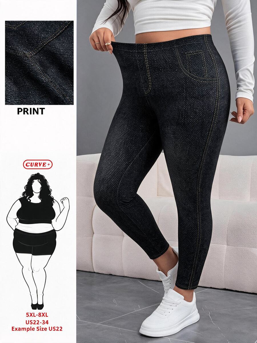 SHEIN CURVE+ سروال ضيق نسائي بمقاسات كبيرة، بطبعة تأثير الجينز، خصر عالي مرن مع خياطة متباينة، مناسب للمقاسات الكبيرة 5XL-8XL - الأسود - مشاهدة 1