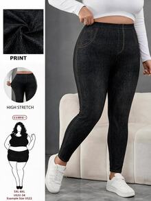 SHEIN CURVE+ سروال ضيق نسائي بمقاسات كبيرة، بطبعة تأثير الجينز، خصر عالي مرن مع خياطة متباينة، مناسب للمقاسات الكبيرة 5XL-8XL - الأسود - مشاهدة 6