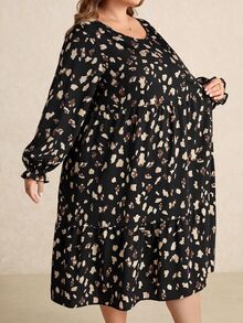 SHEIN CURVE+ 2026秋季新款大尺碼復古豹紋印花寬鬆圓領長袖洋裝，適合秋冬穿著，5XL-8XL - 彩色 - 查看 4