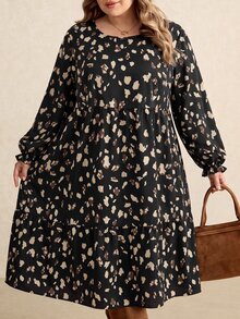 SHEIN CURVE+ 2026秋季新款大尺碼復古豹紋印花寬鬆圓領長袖洋裝，適合秋冬穿著，5XL-8XL - 彩色 - 查看 5