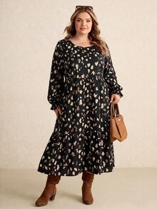 SHEIN CURVE+ 2026秋季新款大尺碼復古豹紋印花寬鬆圓領長袖洋裝，適合秋冬穿著，5XL-8XL - 彩色 - 查看 7