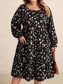 SHEIN CURVE+ 2026秋季新款大尺碼復古豹紋印花寬鬆圓領長袖洋裝，適合秋冬穿著，5XL-8XL - 彩色 - 查看 3