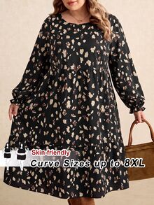 SHEIN CURVE+ 2026秋季新款大尺碼復古豹紋印花寬鬆圓領長袖洋裝，適合秋冬穿著，5XL-8XL - 彩色 - 查看 1