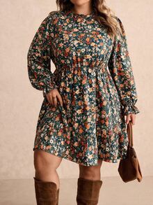 SHEIN CURVE+ 女款大尺碼綠色與棕色碎花立領休閒長袖迷你洋裝，適合5XL-8XL大尺碼秋季穿著 - 綠色 - 查看 5