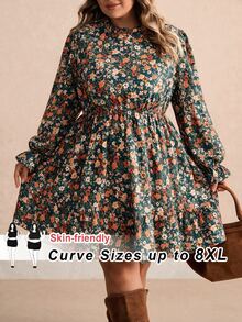 SHEIN CURVE+ 女款大尺碼綠色與棕色碎花立領休閒長袖迷你洋裝，適合5XL-8XL大尺碼秋季穿著 - 綠色 - 查看 1