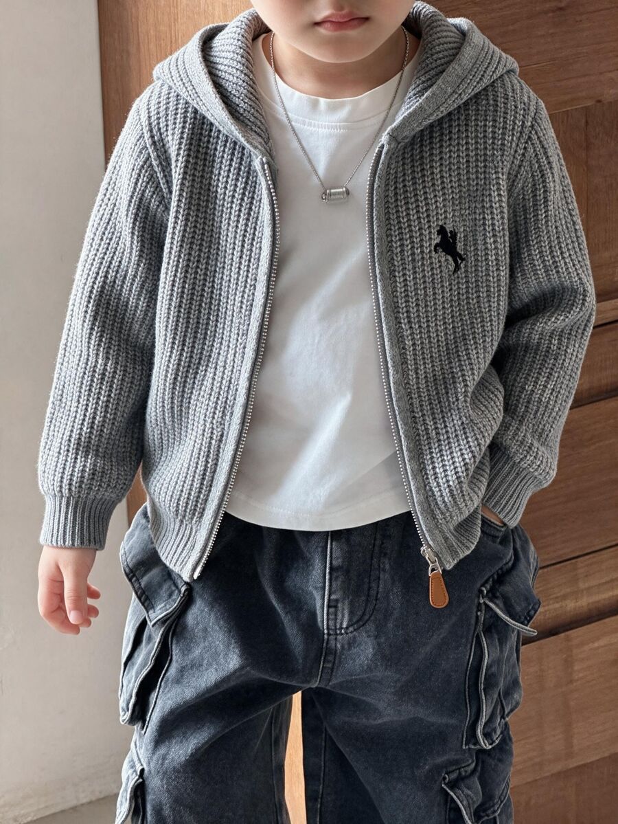 SHEIN Little Byeori 兒童小男孩休閒韓系百搭前開襟拉鍊連帽長袖針織開襟衫,適合通勤、上學、日常穿著、運動、旅行、街頭風,適用秋冬 - 灰色 - 查看 1