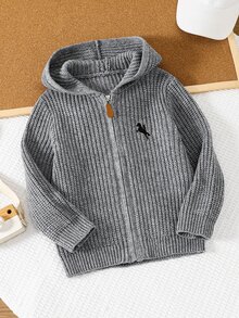 SHEIN Little Byeori 兒童小男孩休閒韓系百搭前開襟拉鍊連帽長袖針織開襟衫，適合通勤、上學、日常穿著、運動、旅行、街頭風，適用秋冬 - 灰色 - 查看 3