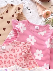 2 Random Pcs Girls Cute Frill Trim Long Sleeve T-Shirt, Toddler Ribbed Floral & Heart Print Undershirt - Multicolor - View 5