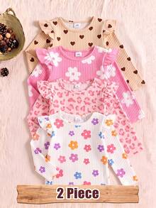 2 Random Pcs Girls Cute Frill Trim Long Sleeve T-Shirt, Toddler Ribbed Floral & Heart Print Undershirt - Multicolor - View 1