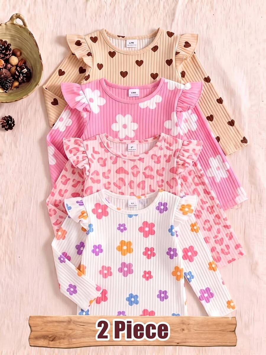2 Random Pcs Girls Cute Frill Trim Long Sleeve T-Shirt, Toddler Ribbed Floral & Heart Print Undershirt - Multicolor - View 1