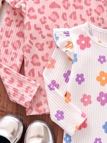 2 Random Pcs Girls Cute Frill Trim Long Sleeve T-Shirt, Toddler Ribbed Floral & Heart Print Undershirt - Multicolor - View 4