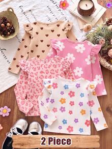2 Random Pcs Girls Cute Frill Trim Long Sleeve T-Shirt, Toddler Ribbed Floral & Heart Print Undershirt - Multicolor - View 2