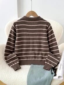 SHEIN كارديجان مخطط كاجوال للخروجات اليومية بأكمام طويلة للفتيات المراهقات - قهوة بني - مشاهدة 2