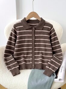 SHEIN كارديجان مخطط كاجوال للخروجات اليومية بأكمام طويلة للفتيات المراهقات - قهوة بني - مشاهدة 1