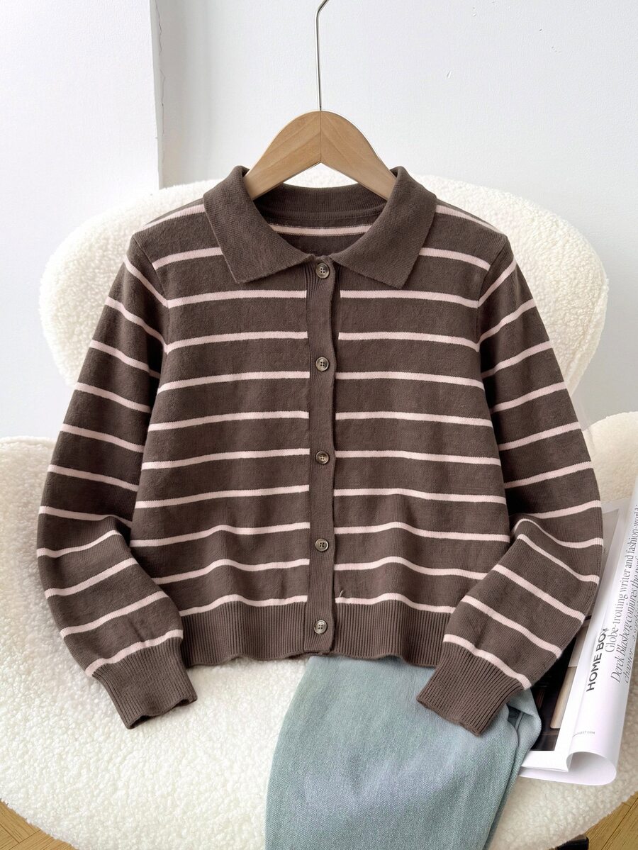 SHEIN كارديجان مخطط كاجوال للخروجات اليومية بأكمام طويلة للفتيات المراهقات - قهوة بني - مشاهدة 1