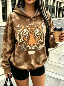 Lalippa Minimalist Camo Tiger Print Hoodie, Women's Streetwear - Multicolor - View 1