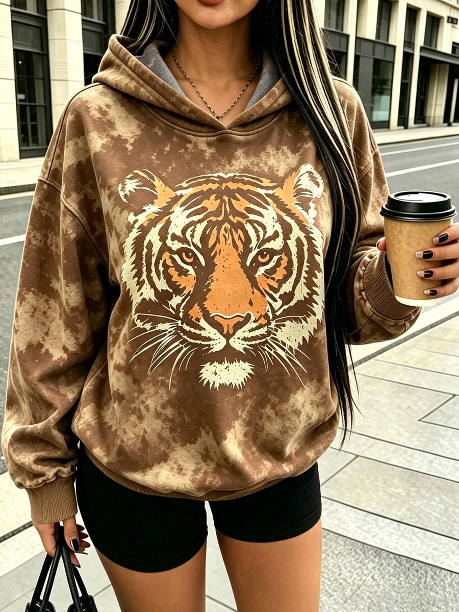 Lalippa Minimalist Camo Tiger Print Hoodie, Women's Streetwear - Multicolor - View 1
