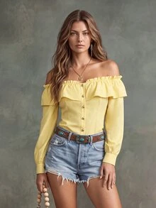 Glimmora Women's Elegant Daily Solid Color Ruffle Off-Shoulder Front Button Shirt Vacation Yellow Autumn - Yellow - View 1