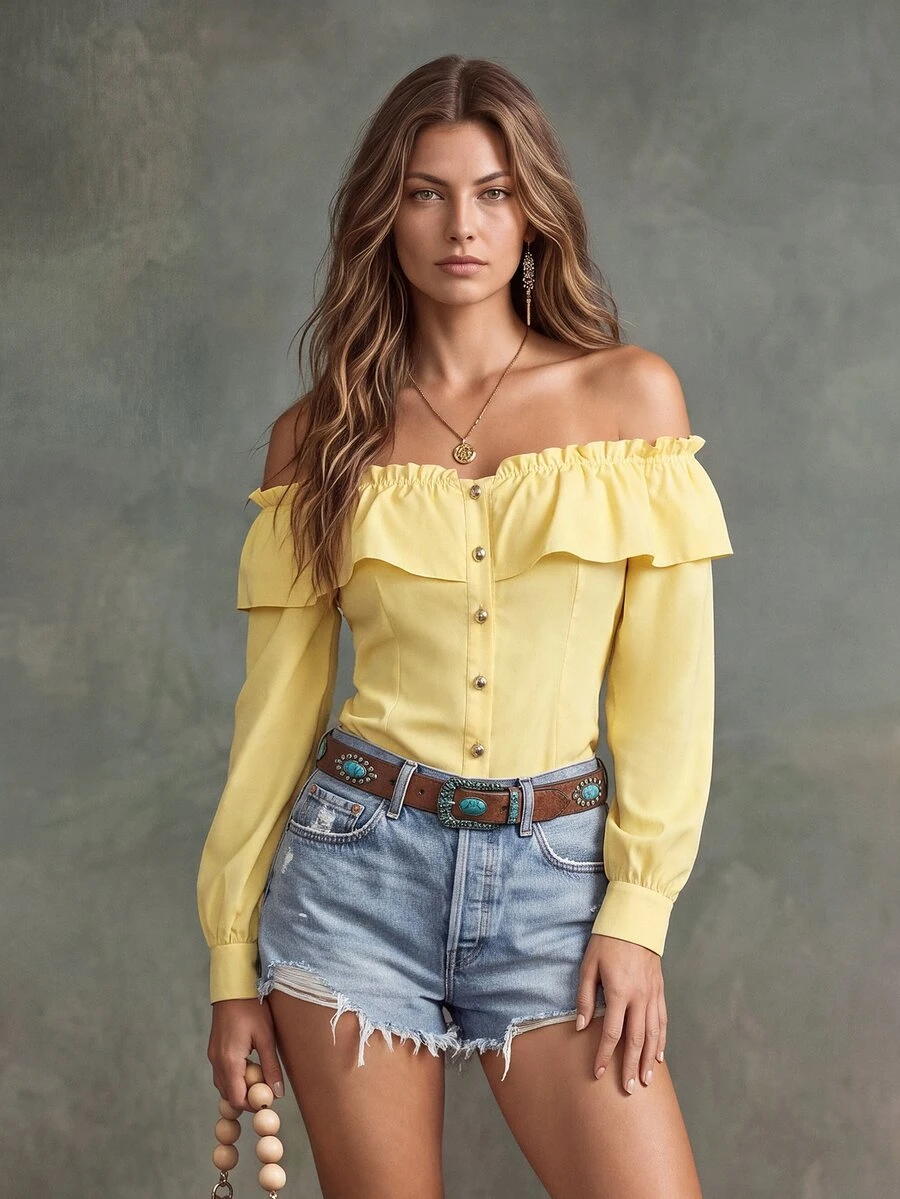Glimmora Women's Elegant Daily Solid Color Ruffle Off-Shoulder Front Button Shirt Vacation Yellow Autumn - Yellow - View 1