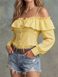Glimmora Women's Elegant Daily Solid Color Ruffle Off-Shoulder Front Button Shirt Vacation Yellow Autumn - Yellow - View 5