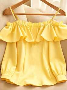 Glimmora Women's Elegant Daily Solid Color Ruffle Off-Shoulder Front Button Shirt Vacation Yellow Autumn - Yellow - View 9