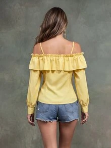 Glimmora Women's Elegant Daily Solid Color Ruffle Off-Shoulder Front Button Shirt Vacation Yellow Autumn - Yellow - View 2