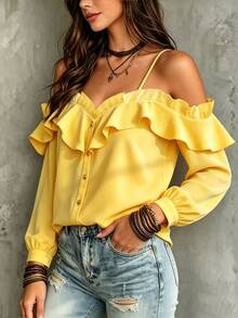 Glimmora Women's Elegant Daily Solid Color Ruffle Off-Shoulder Front Button Shirt Vacation Yellow Autumn - Yellow - View 7