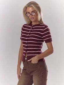 MUSERA Striped Rib Knit Button Through Fitted Short Sleeve Top Cosy Cute Casual Coffee Club Winter Elegant Evening Party - Rust Brown - View 5