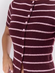 MUSERA Striped Rib Knit Button Through Fitted Short Sleeve Top Cosy Cute Casual Coffee Club Winter Elegant Evening Party - Rust Brown - View 6