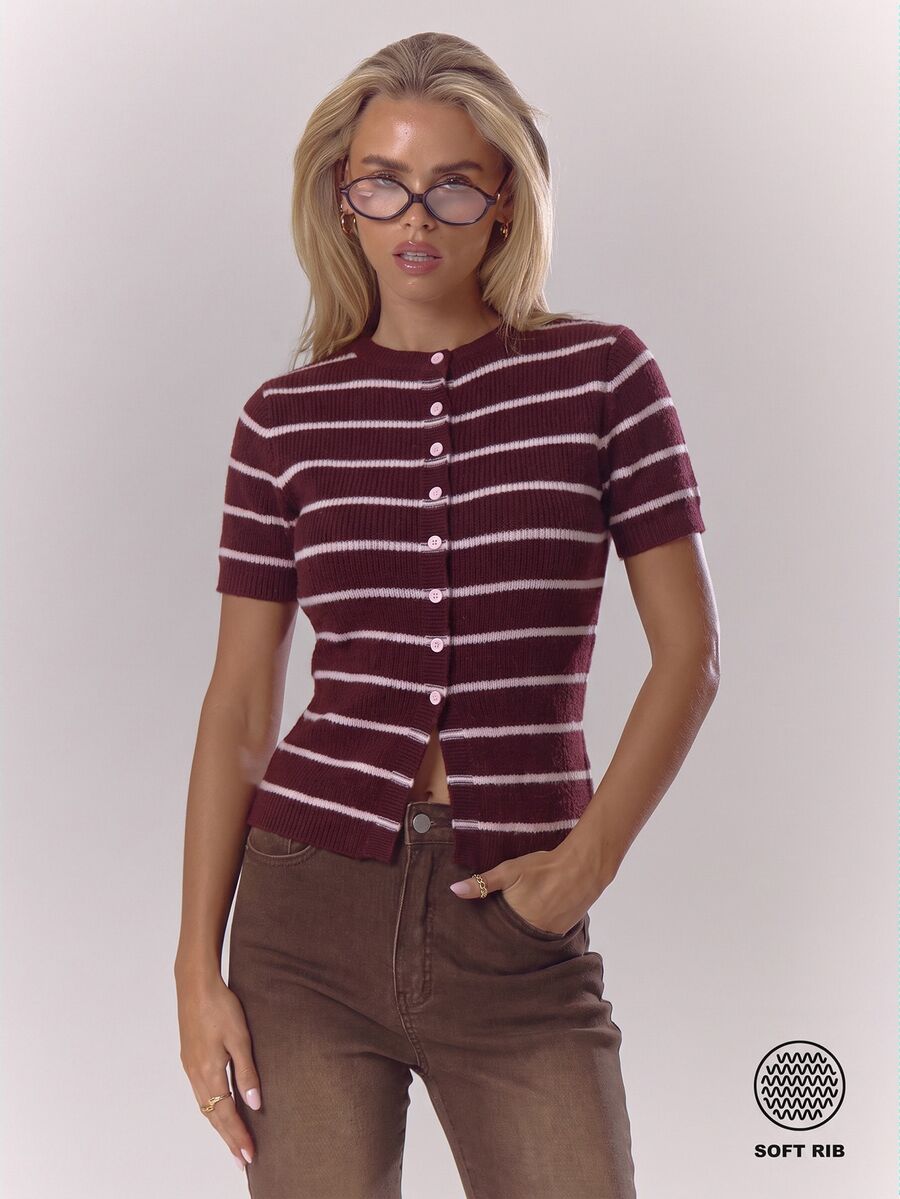 MUSERA Striped Rib Knit Button Through Fitted Short Sleeve Top Cosy Cute Casual Coffee Club Winter Elegant Evening Party - Rust Brown - View 1
