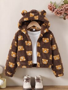 SHEIN Elladie kids 女童軟萌熊風咖啡棕毛絨外套，蓬鬆長毛布料全幅淺黃色熊頭印花，3D耳朵連帽，冬季款 - 棕色 - 查看 7