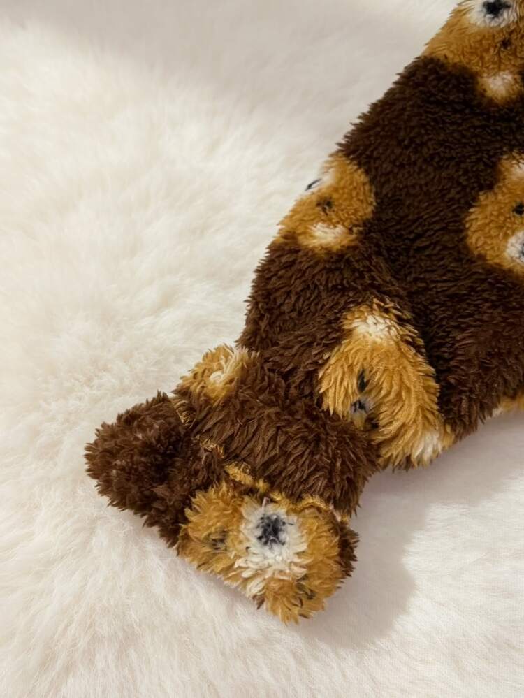 SHEIN Elladie kids Young Girls Soft Cute Bear Style Coffee Brown Plush Jacket, Fluffy Long Pile Fabric All-Over Light Yellow Bear Head Print, 3D Ears Hood, Winter - Brown - View 6