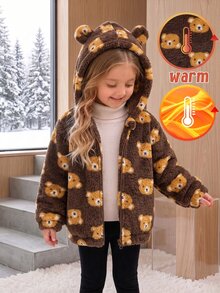 SHEIN Elladie kids 女童軟萌熊風咖啡棕毛絨外套，蓬鬆長毛布料全幅淺黃色熊頭印花，3D耳朵連帽，冬季款 - 棕色 - 查看 9