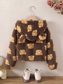 SHEIN Elladie kids 女童軟萌熊風咖啡棕毛絨外套，蓬鬆長毛布料全幅淺黃色熊頭印花，3D耳朵連帽，冬季款 - 棕色 - 查看 2