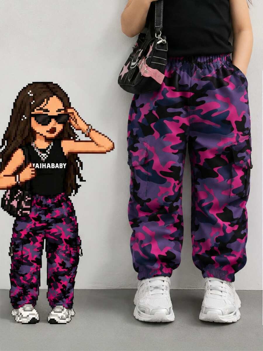 SHEIN Celana Kargo Kasual Atletik Motif Kamuflase untuk Anak Perempuan Muda Warna Biru Bayi Musim Semi