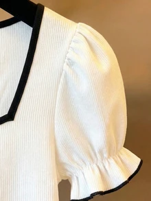 Franclia 女士方领优雅休闲通勤黑白撞色泡泡袖短袖休闲上衣，T恤饰有黑白丝带，适合休闲、度假、运动，百搭夏季撞色T恤 - 白色 - 查看 5