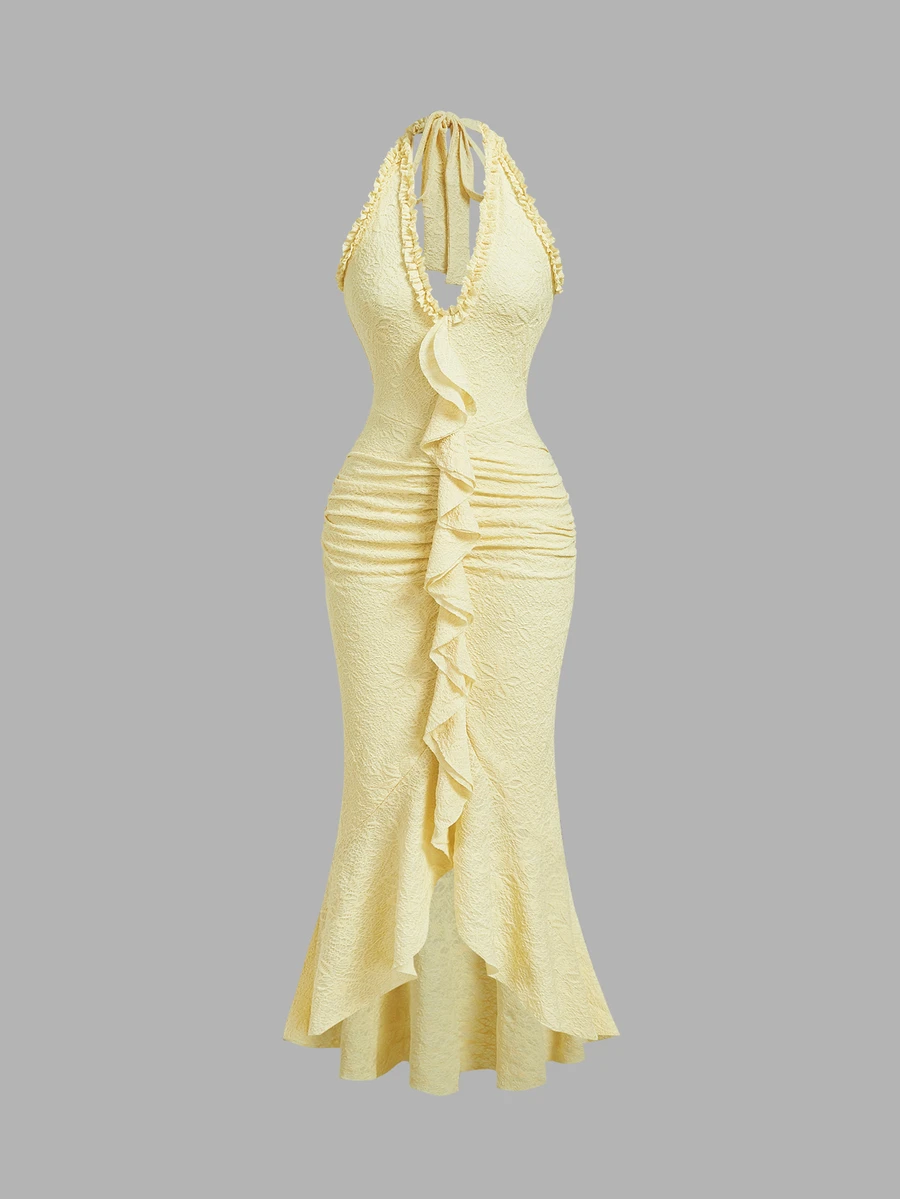 Skyraze Ruffle Trim Fitted Ruched Bow Halter Neck Tie Mesh Dress - Yellow - View 1