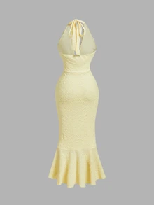 Skyraze Ruffle Trim Fitted Ruched Bow Halter Neck Tie Mesh Dress - Yellow - View 2