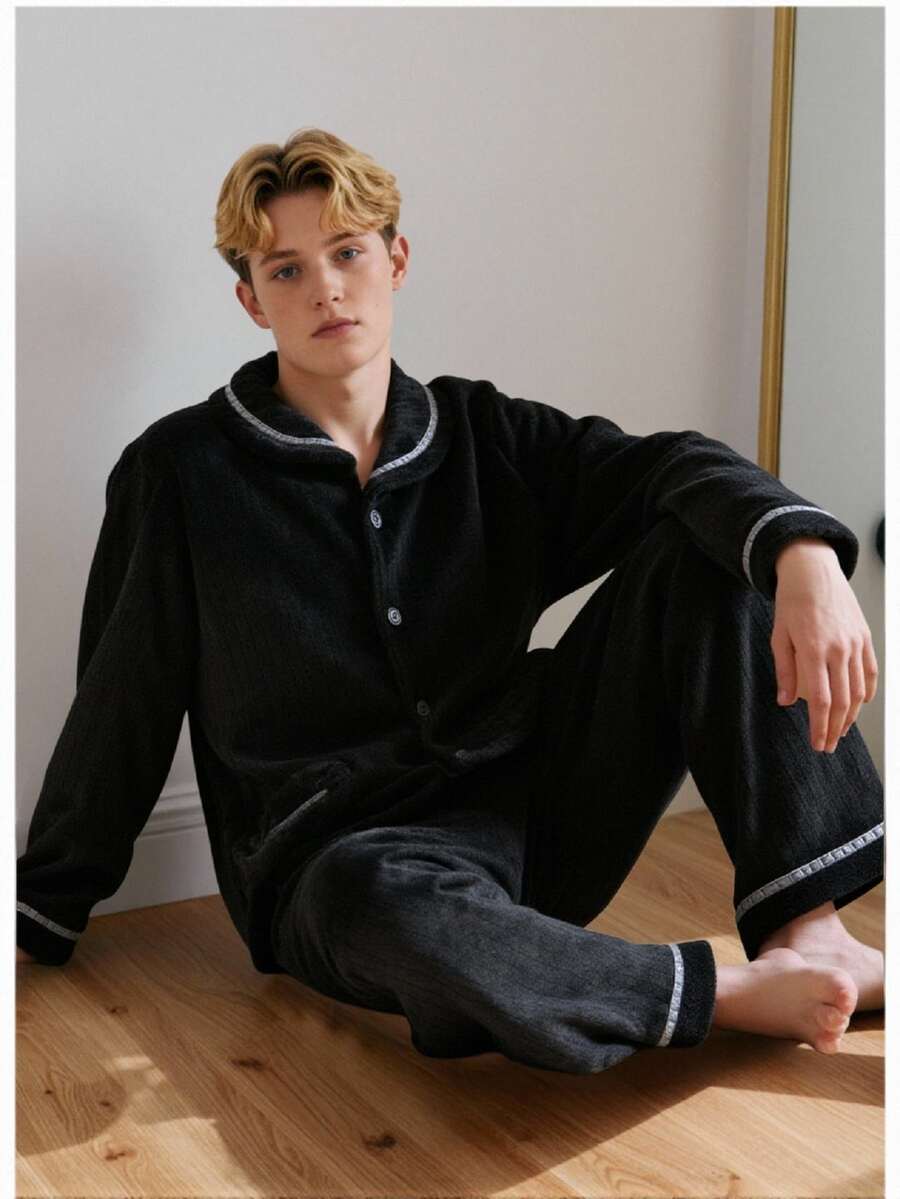 SHEIN Vintage Vertical Texture Contrast Trim Boy's/Teenager Pajamas, Thick Warm Pocket Loose Flannel 2 Pieces Loungewear Set Autumn - Grey - View 1